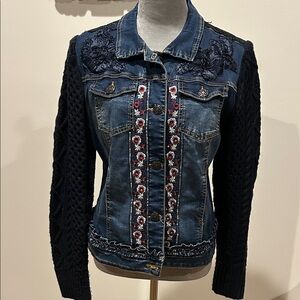 Desigual Blue Denim Jacket with Black Knit Sleeves